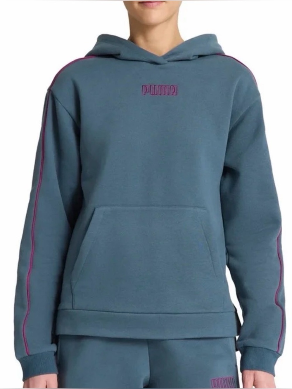 PUMA Womens Long Sleeve Blue Fleece Pullover Hoodie Small